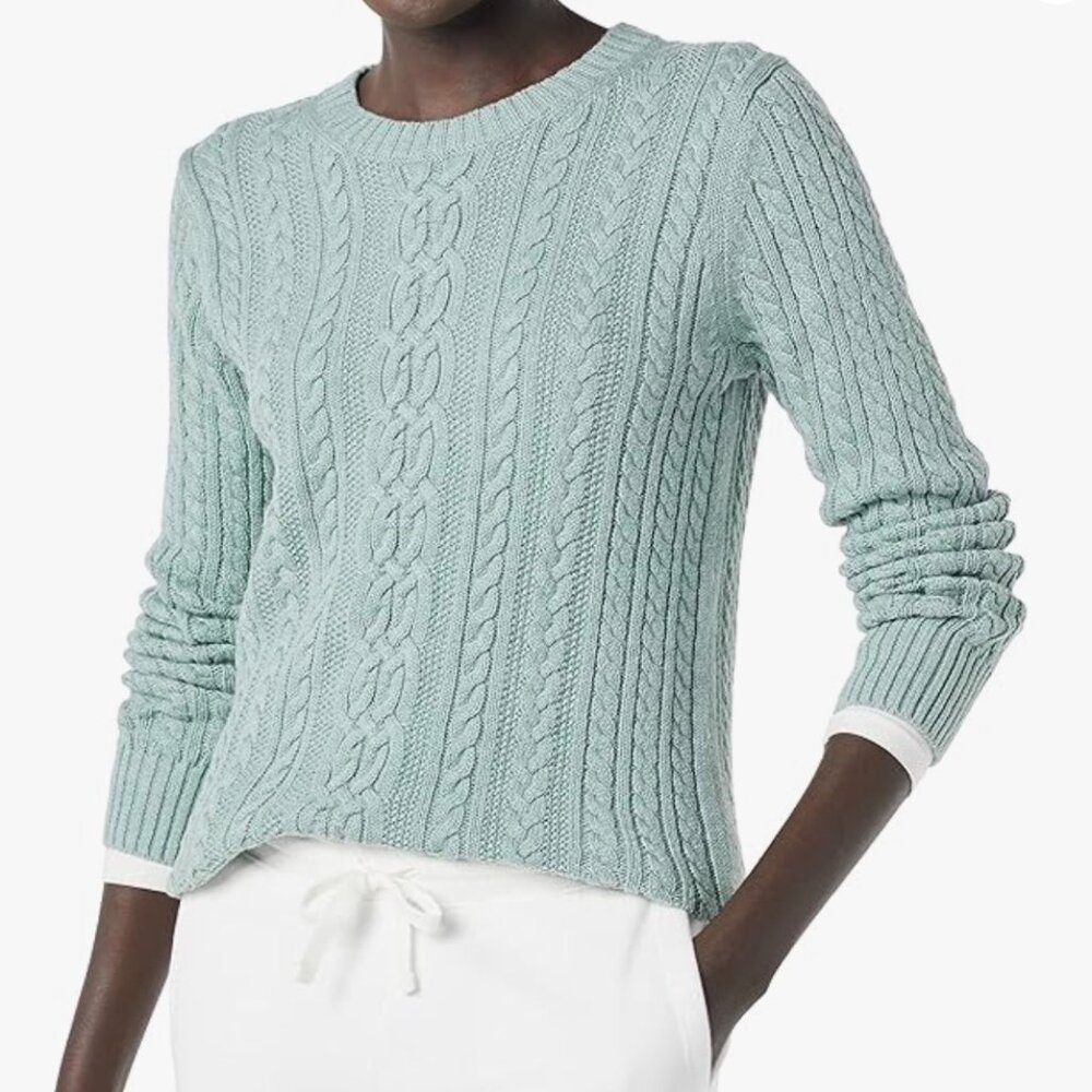 Women's Amazon Essentials Fisherman Cable Crewneck Cotton Sweater Size XL